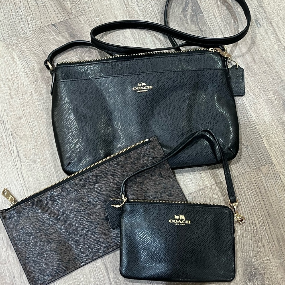 3 Piece Black Leather Coach Leather Slim Hip Purse Bag with Coin Purse and Folio